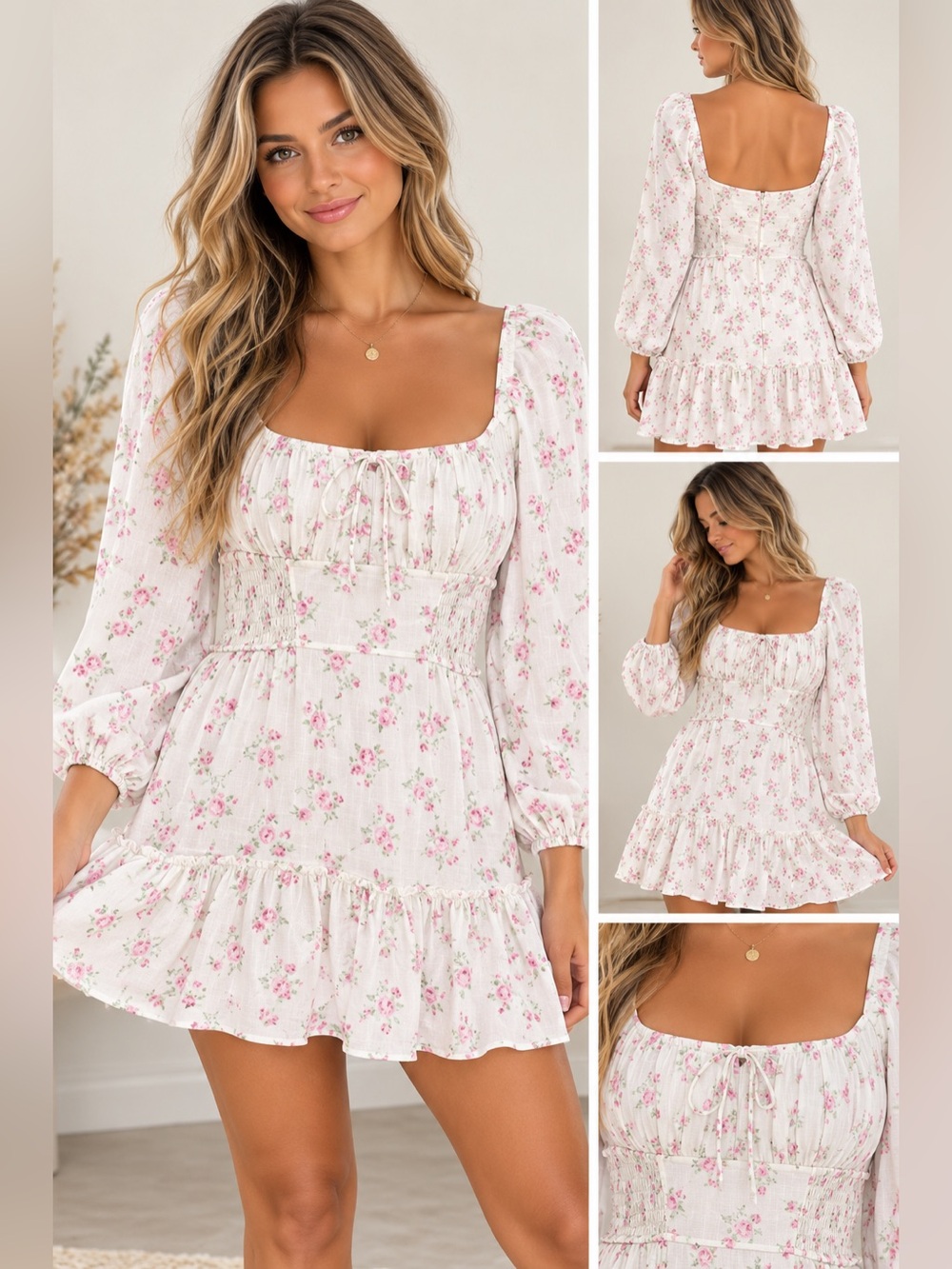 Trixxi Women's Floral Print Long Sleeve Square Neck Mini Dress size small